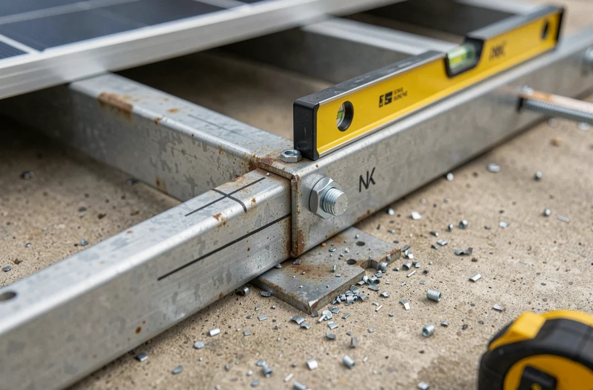Détail de l'assemblage boulonné d'un support de panneau solaire fait maison avec niveau à bulle et outils de mesure