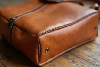 Détail en gros plan de la finition aniline sur un sac en cuir naturel, révélant les pores et les nuances organiques du cuir non traité