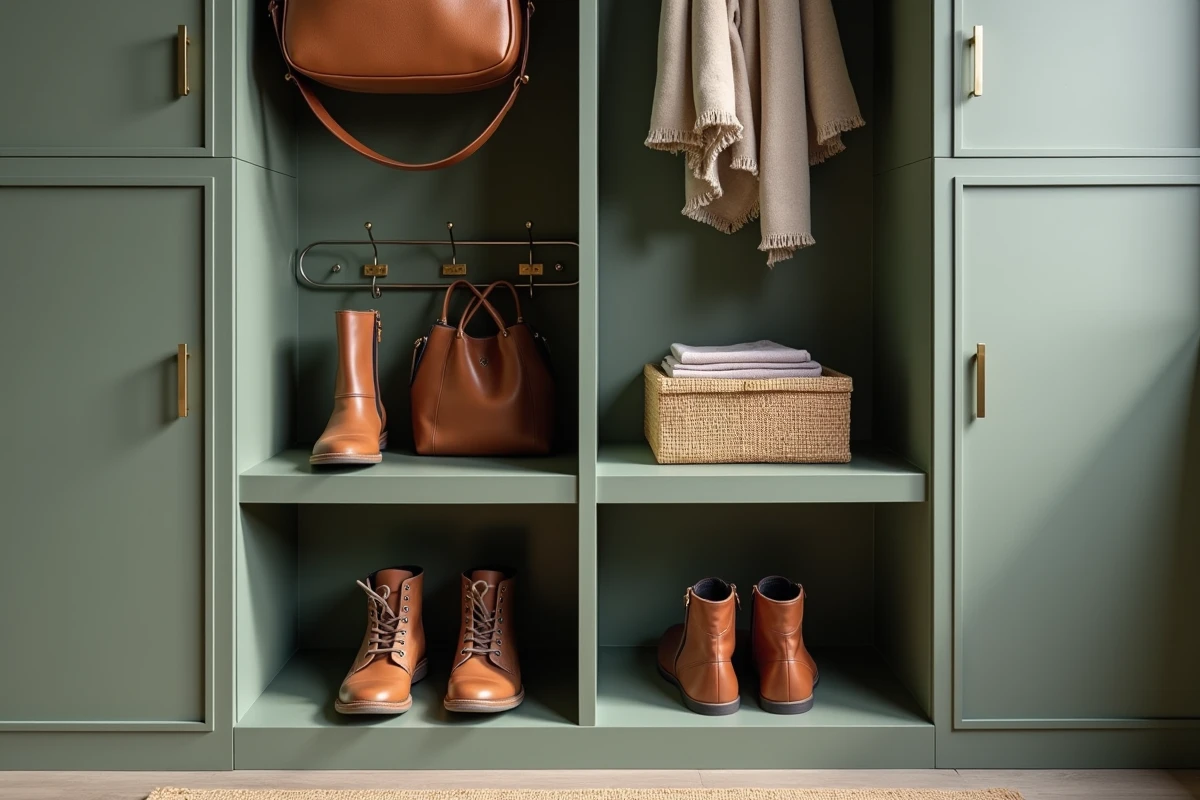Détail intérieur d'un dressing d'entrée sur mesure avec rangement chaussures, crochets sacs et étagères en MDF vert sauge avec quincaillerie laiton