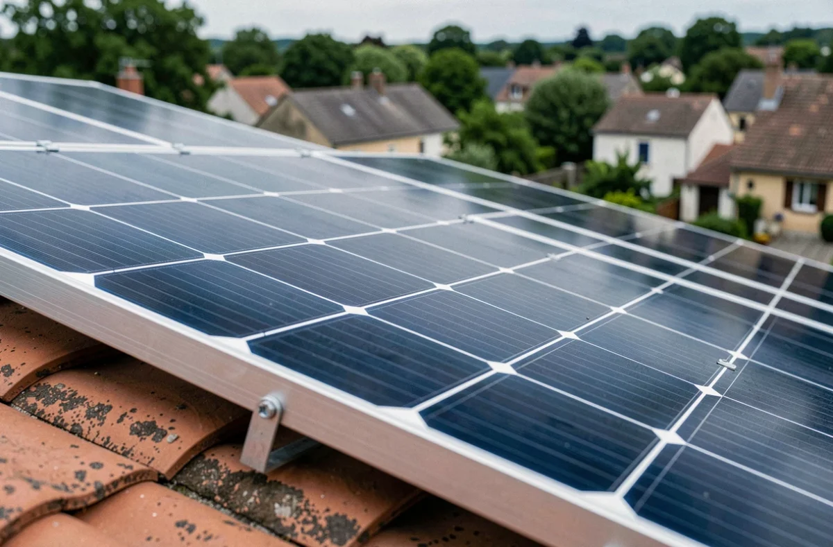 Gros plan sur des panneaux solaires monocristallins installés sur une toiture en tuiles dans un quartier résidentiel de Limoges