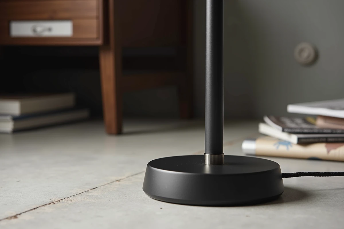 Détail du socle et de la tige d'une lampe halogène sur pied noire mate sur sol en béton dans un bureau contemporain