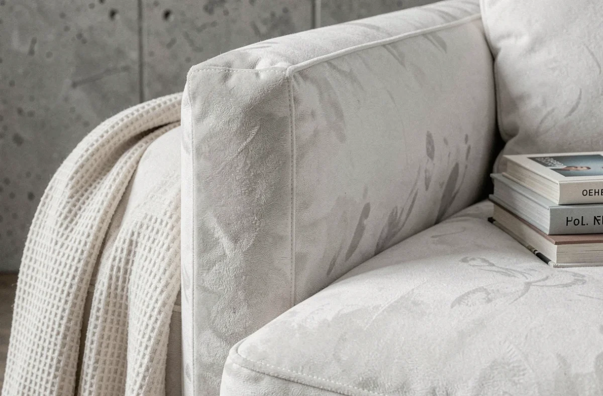 Gros plan sur la couture et la texture velours d'un canapé nuage blanc avec plaid en maille gauffrée