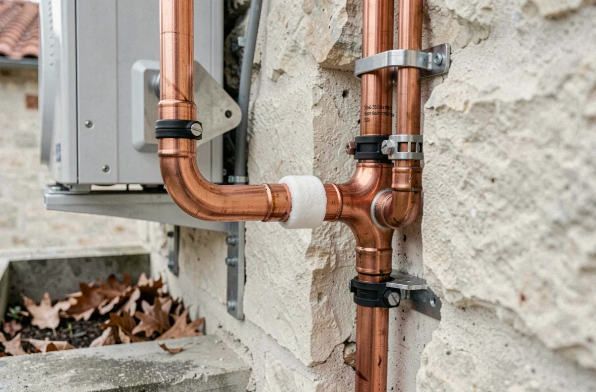 Détail des tuyaux en cuivre et des connexions électriques d'une pompe à chaleur installée sur une maison en pierre à Nevers