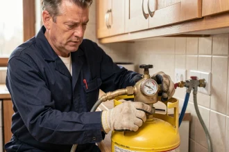 Technicien inspectant un détendeur butane sur une bouteille de gaz portable dans une cuisine résidentielle
