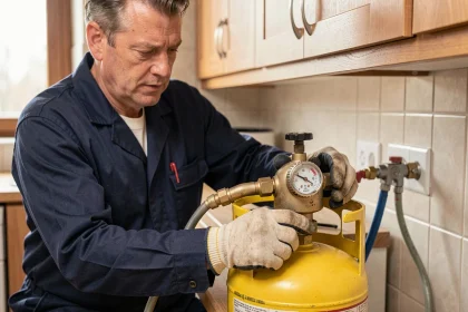 Technicien inspectant un détendeur butane sur une bouteille de gaz portable dans une cuisine résidentielle