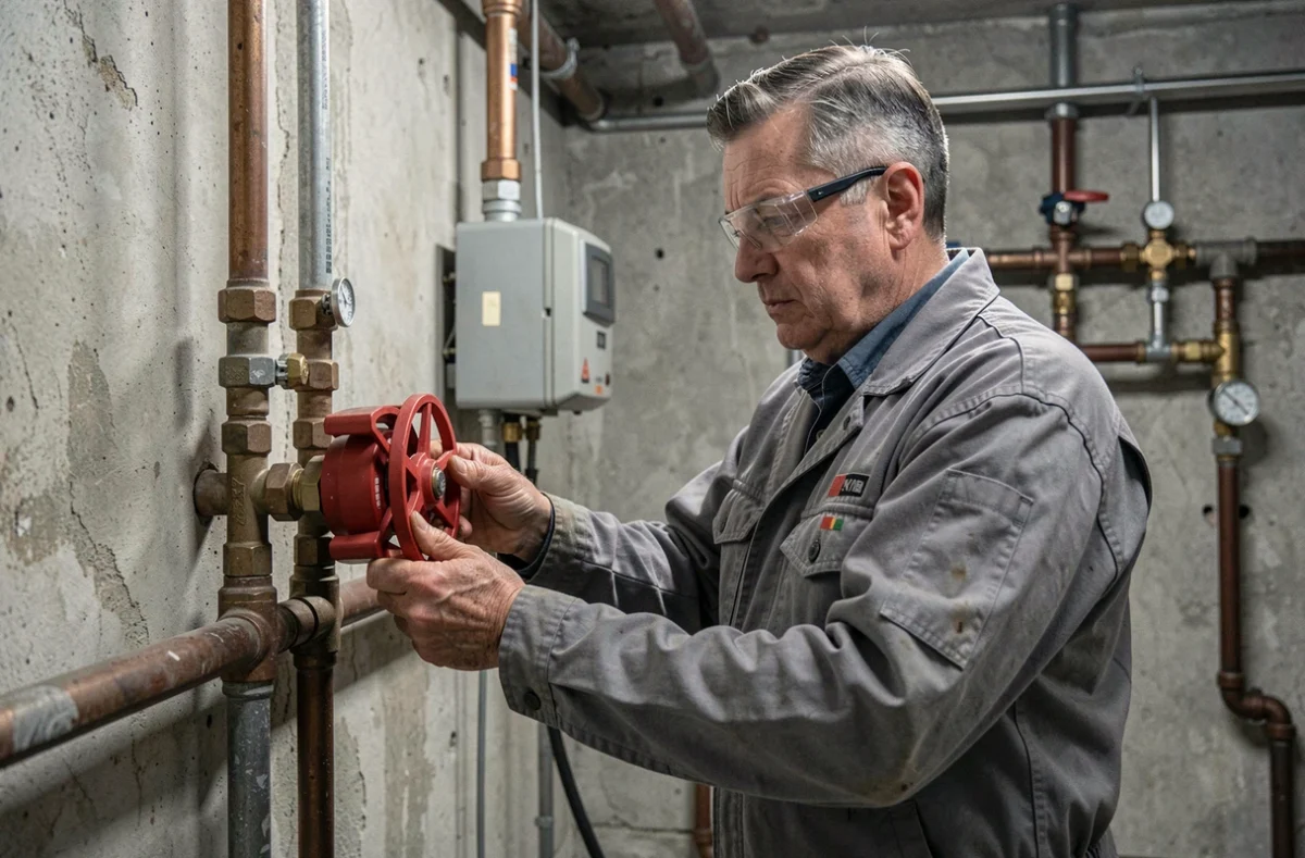 Professionnel du gaz raccordant un détendeur propane à un réseau fixe dans une chaufferie ou local technique
