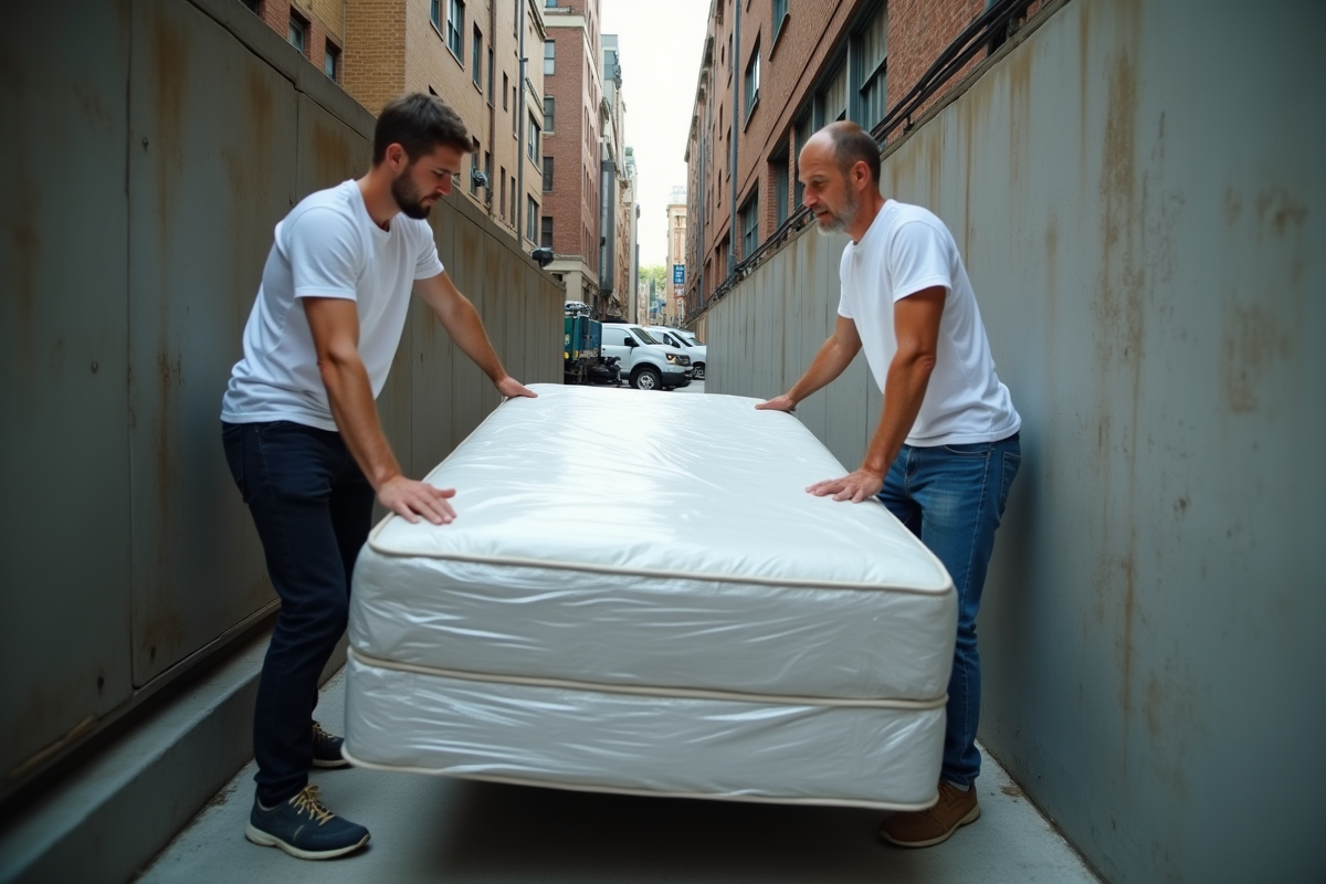 Deux hommes portant un matelas dans une cour urbaine