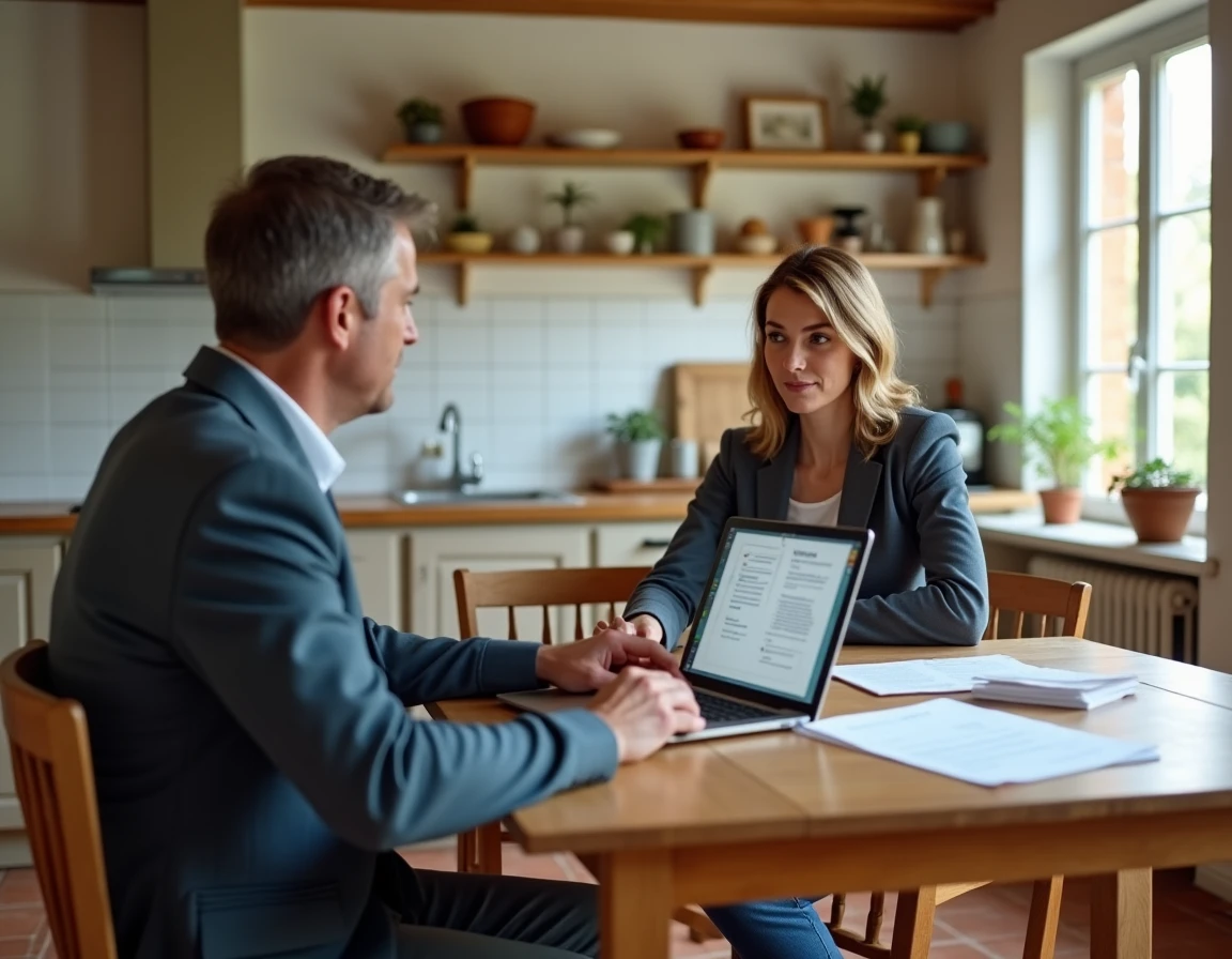 Conseillère en énergie présentant un devis d'installation de pompe à chaleur à un propriétaire dans une cuisine française
