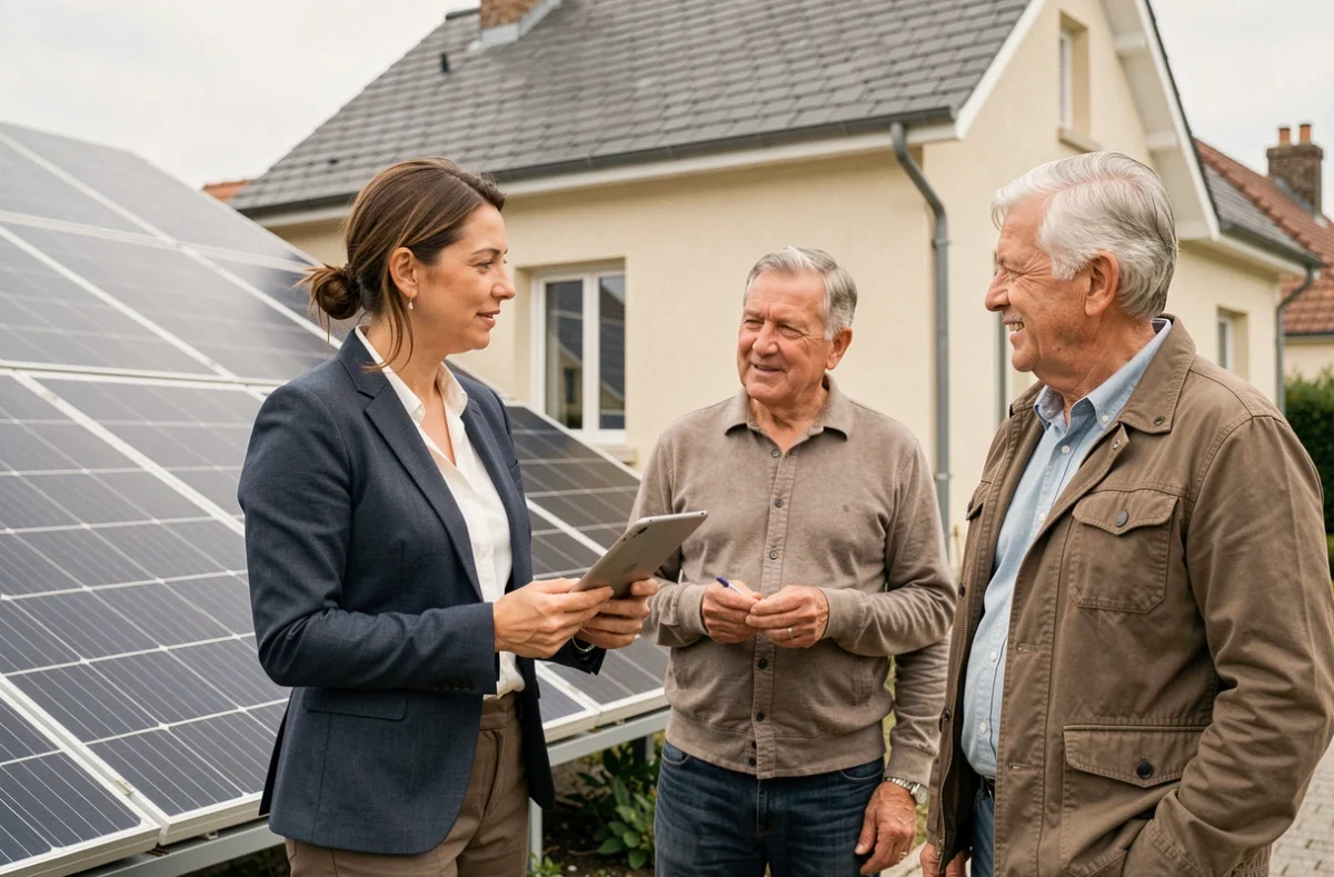Conseillère en énergie solaire présentant un devis d'installation de panneaux photovoltaïques à un couple de propriétaires à Limoges