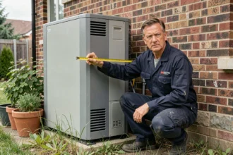 Technicien mesurant la distance entre une pompe à chaleur et un mur en brique lors d'une installation extérieure