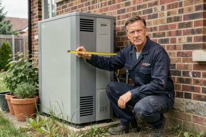Technicien mesurant la distance entre une pompe à chaleur et un mur en brique lors d'une installation extérieure