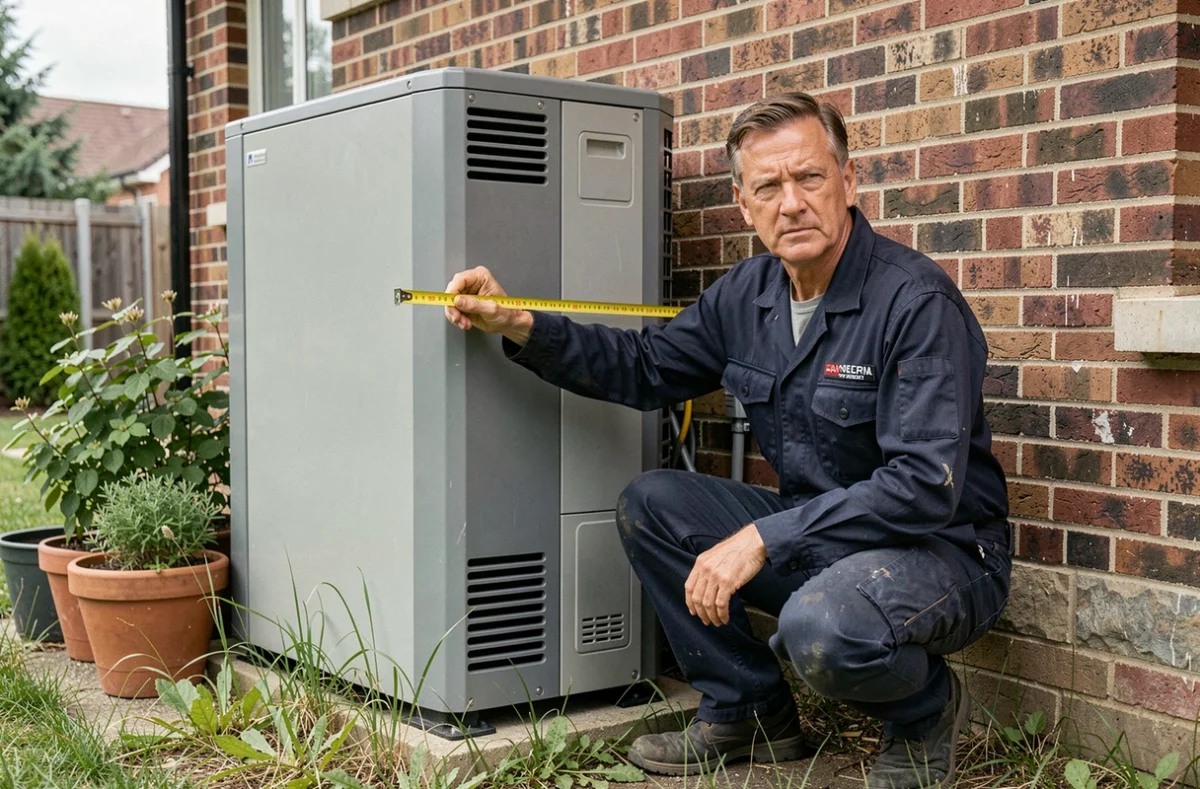 Technicien mesurant la distance entre une pompe à chaleur et un mur en brique lors d'une installation extérieure