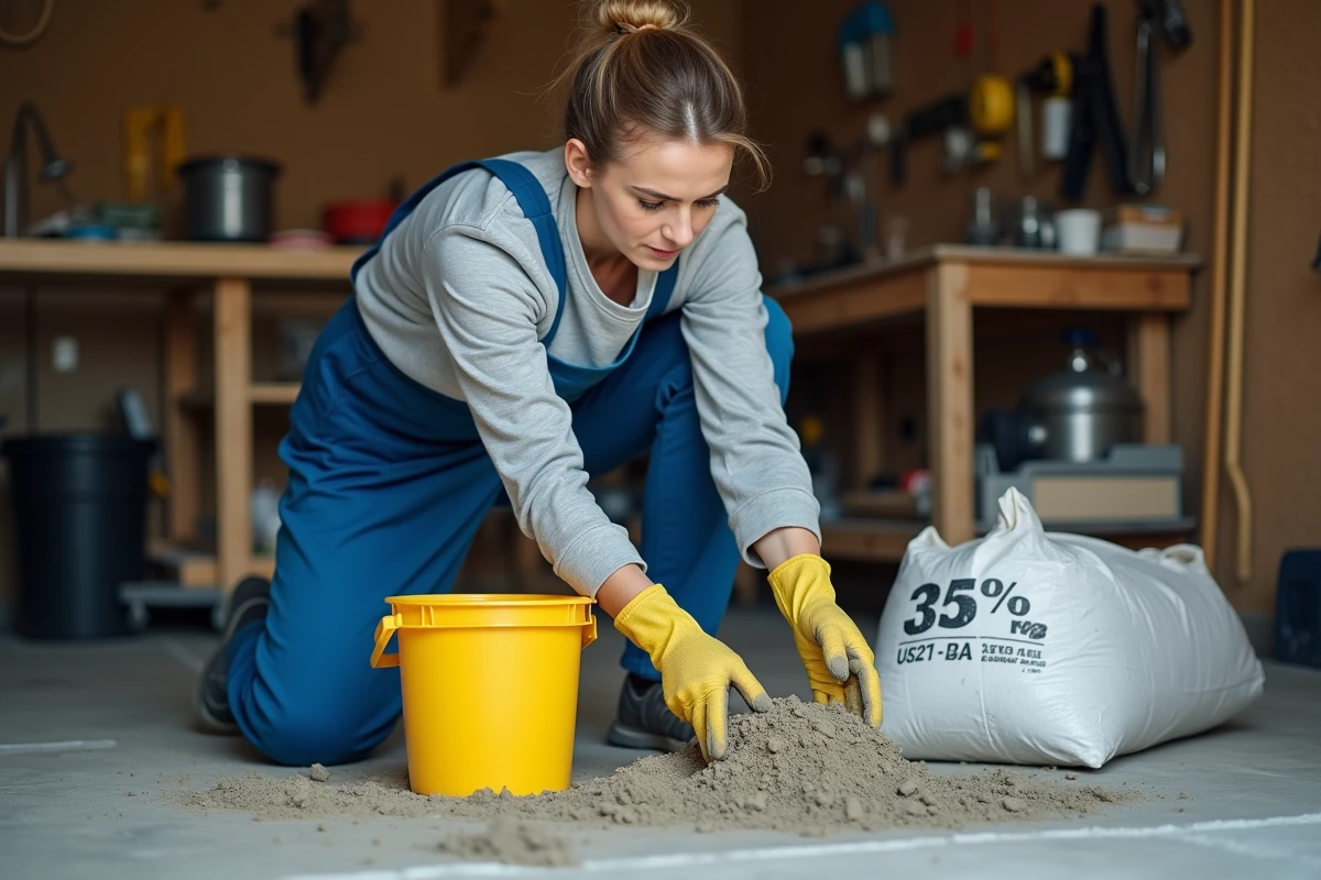 Femme mesurant des pelles de béton dans un seau pour un dosage précis en atelier
