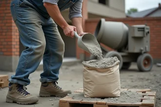 Ouvrier dosant un sac de béton de 35 kg à la pelle sur un chantier résidentiel