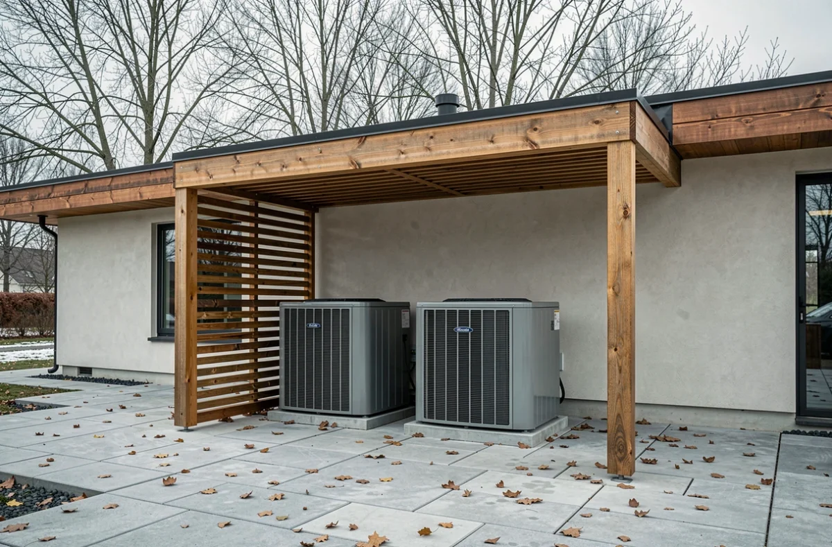 Deux pompes à chaleur installées côte à côte sous une pergola en bois sur la terrasse d'une maison contemporaine en hiver
