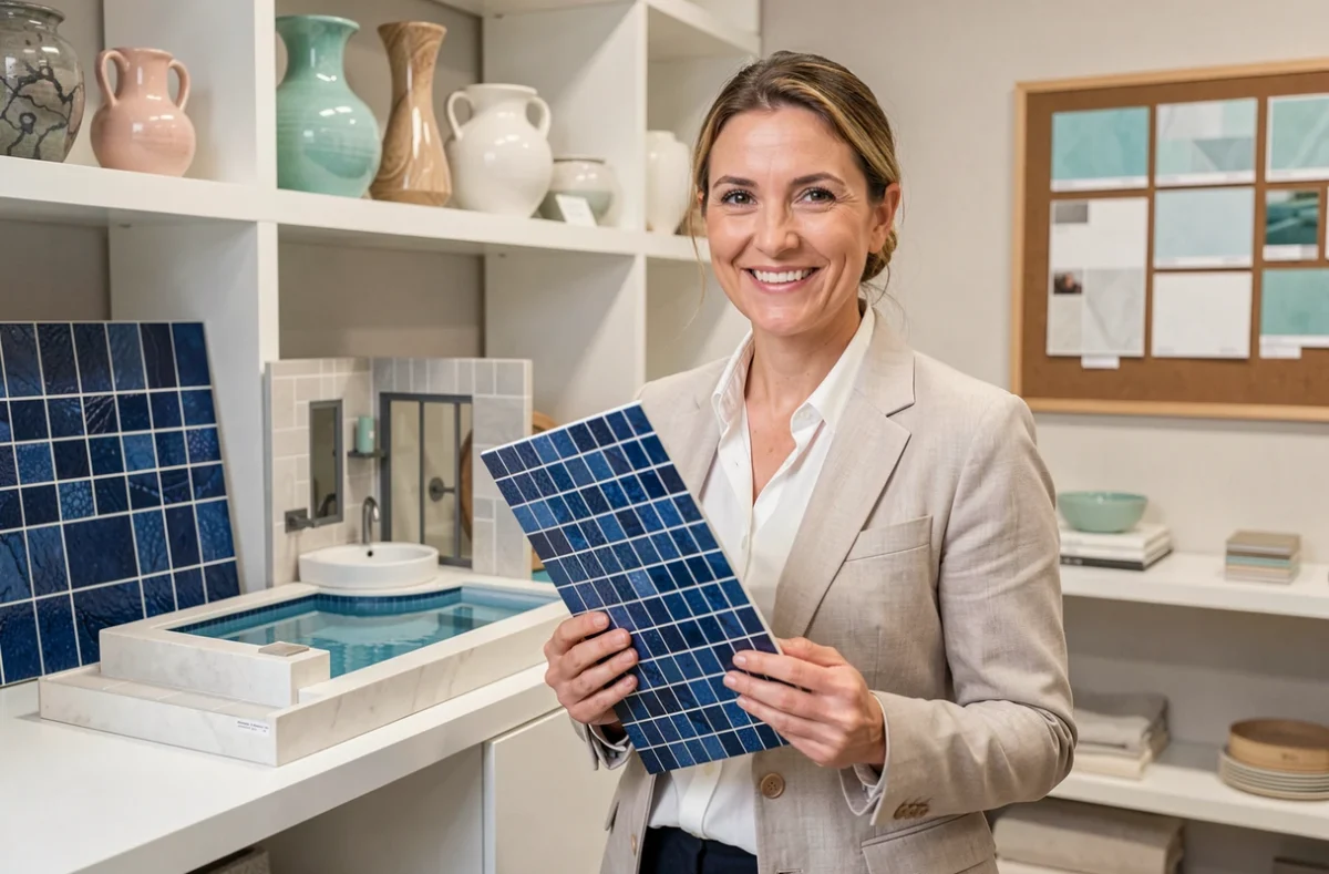 Conseillère de Dream Blue Pool présentant des carrelages mosaïque bleus et des solutions de salle de bain inspirées piscine