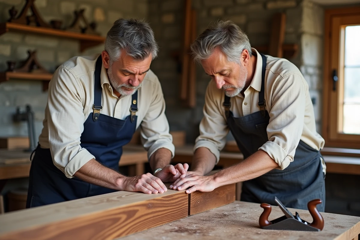 Deux menuisiers chevronnés ajustant un tenon dans une mortaise sur une poutre en noyer dans un atelier en pierre