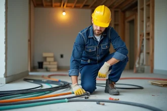 Électricien en chantier avec conduits électriques neufs