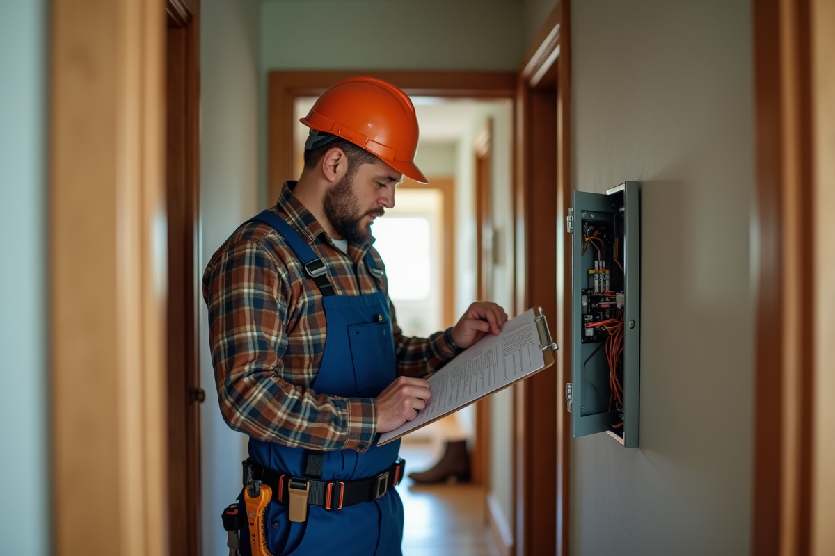 Électricien vérifiant un tableau électrique dans une maison ancienne