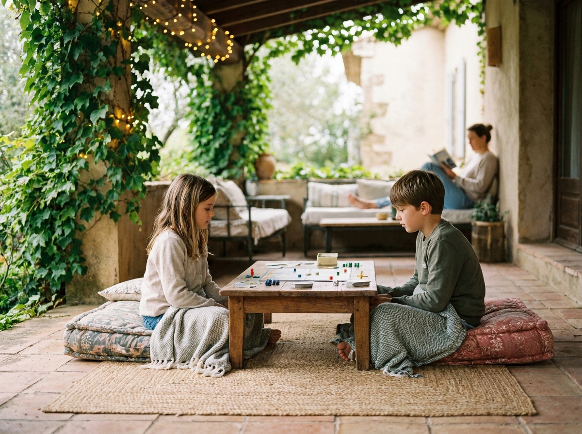 Deux enfants jouant à un jeu de société sur des coussins de sol dans un coin cosy d'une terrasse avec pergola et lierre