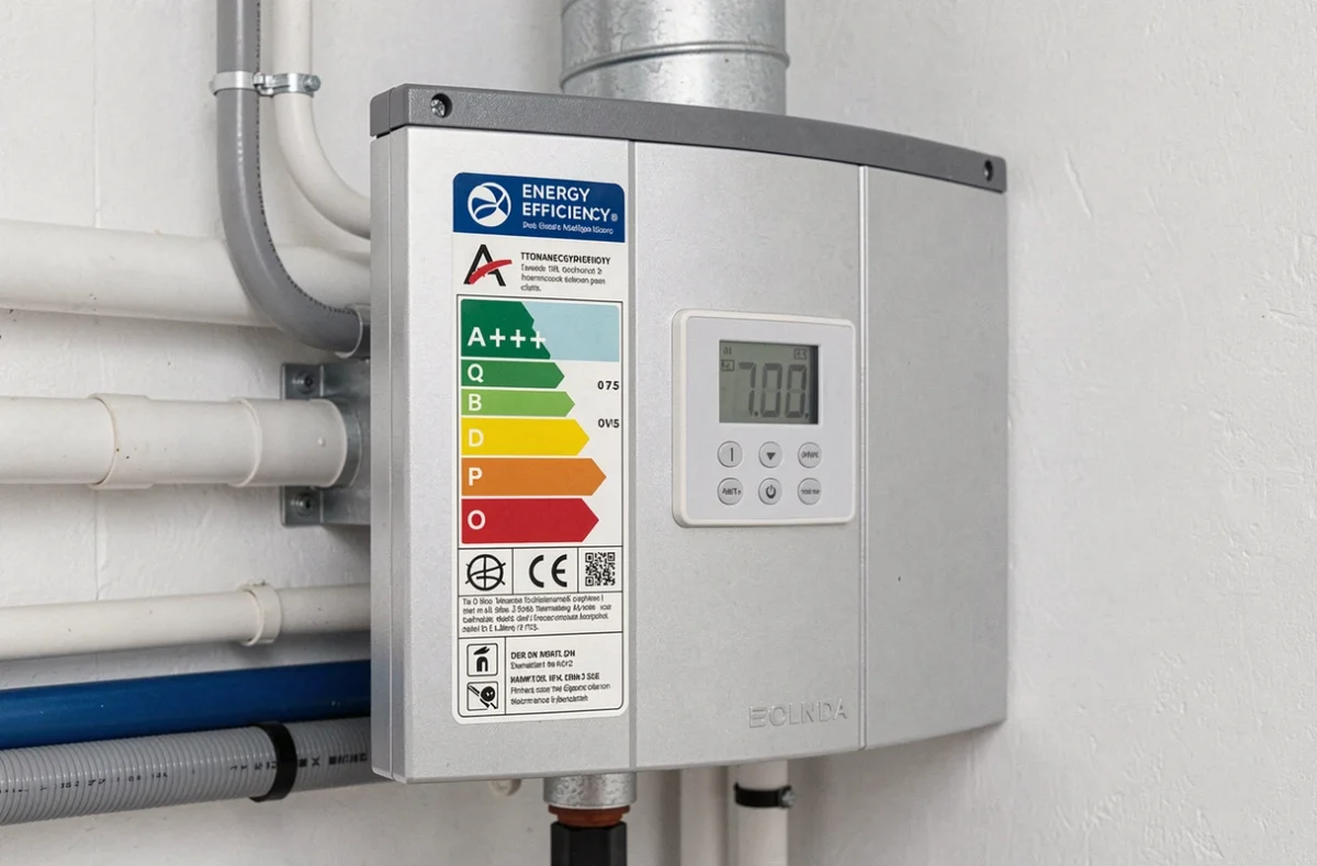 Étiquette énergie A+++ et panneau de commande d'une pompe à chaleur dans une chaufferie moderne