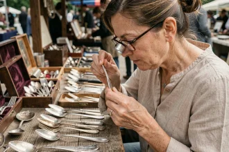 Femme examinant des couverts en argent avec une loupe dans un marché aux puces pour identifier les poinçons authentiques