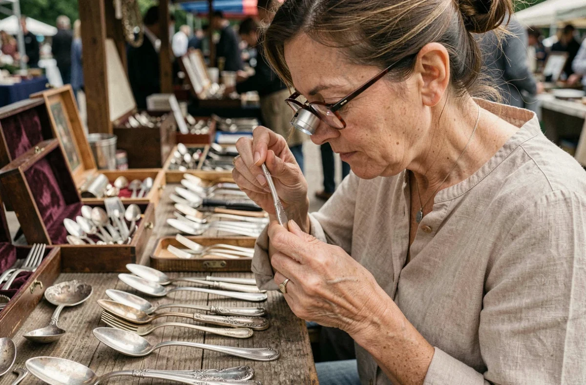 Femme examinant des couverts en argent avec une loupe dans un marché aux puces pour identifier les poinçons authentiques