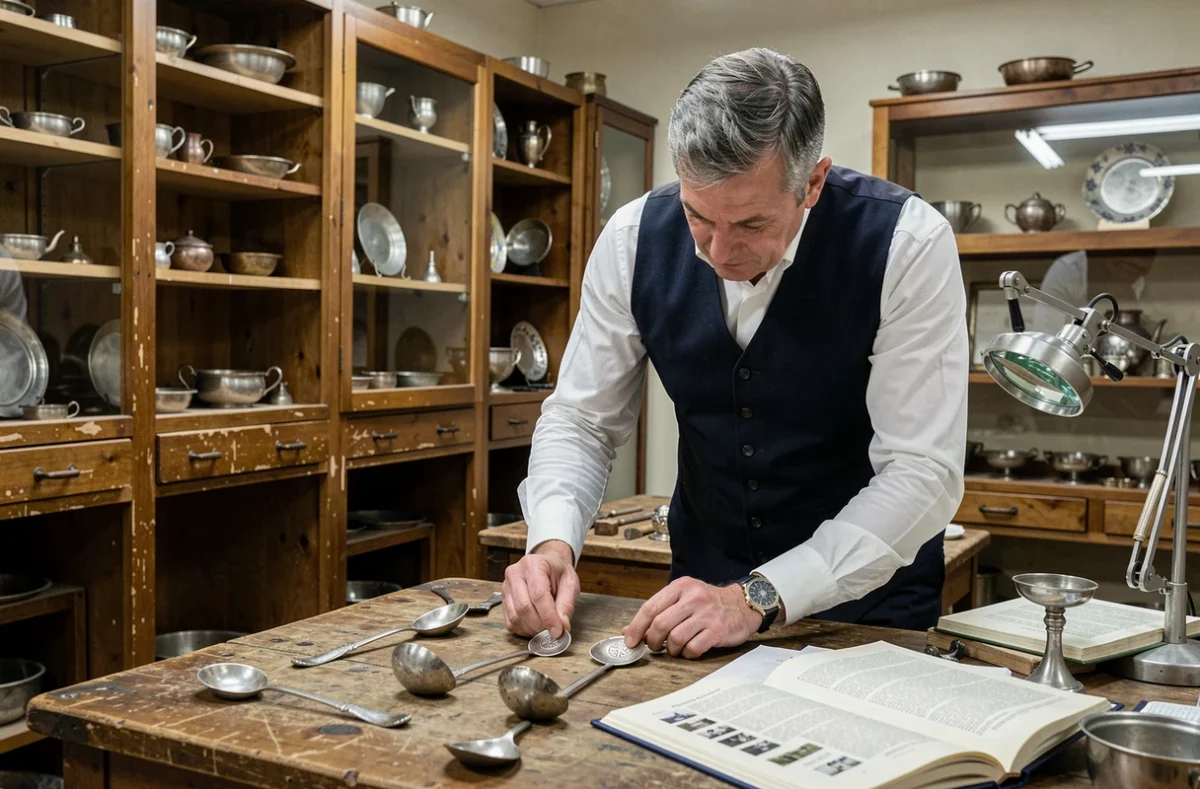 Expert en argenterie comparant des poinçons sur deux couverts anciens dans un atelier d'orfèvrerie professionnelle