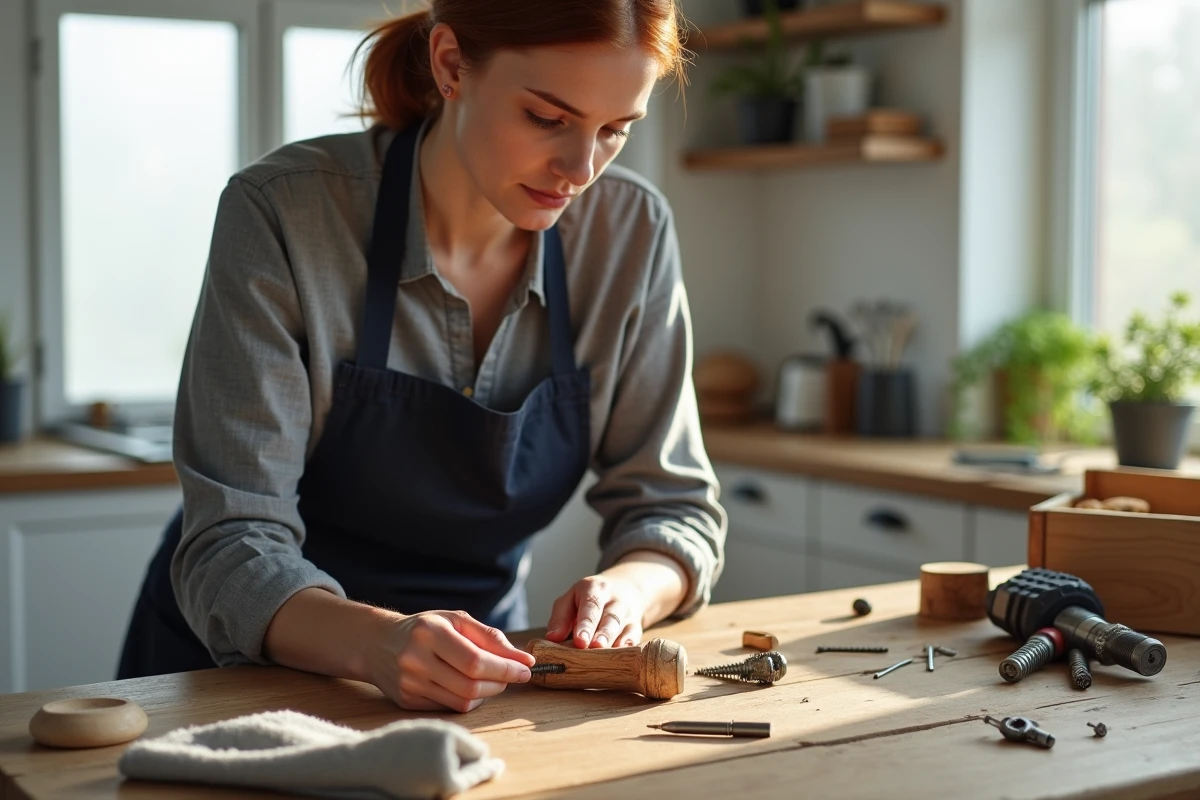 Femme utilisant un extracteur de vis pour retirer une vis coincée d'un pied de chaise en bois