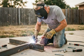 Homme bricoleur soudant des profilés en acier pour fabriquer un support de panneau solaire au sol dans un jardin