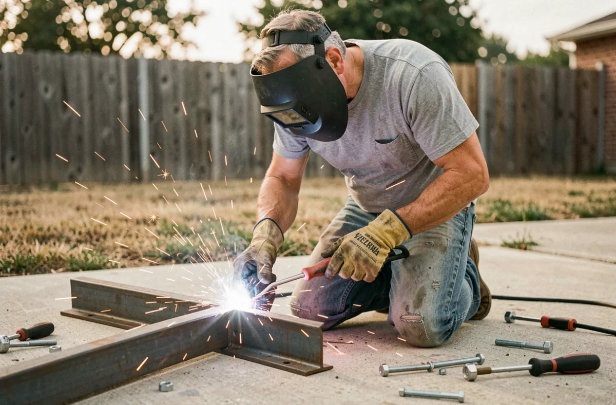Homme bricoleur soudant des profilés en acier pour fabriquer un support de panneau solaire au sol dans un jardin