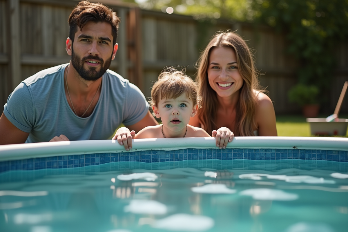 Famille regardant dans une piscine hors sol