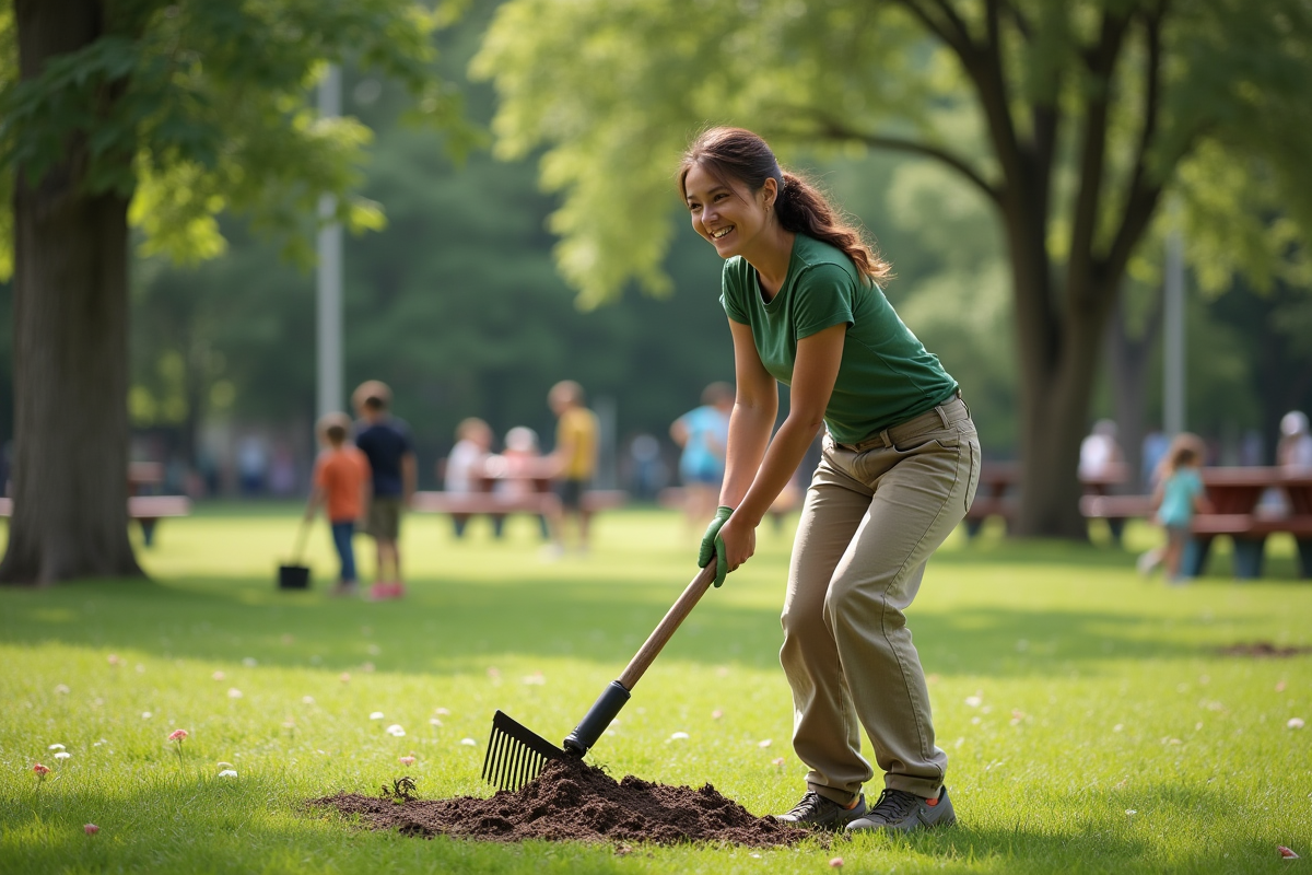 Jeune femme avec râteau dans un parc public en train d