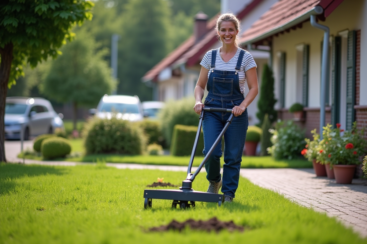 Jeune femme en salopette et tshirt à rayures utilisant un aérateur de pelouse