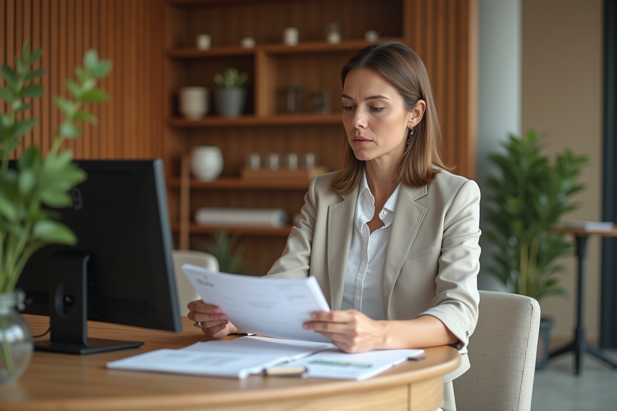 Femme d'affaires au spa vérifiant des notes dans un lobby calme