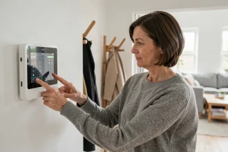 Femme paramétrant un système d'alarme connecté Homiris ou Verisure dans l'entrée de sa maison