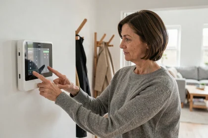 Femme paramétrant un système d'alarme connecté Homiris ou Verisure dans l'entrée de sa maison