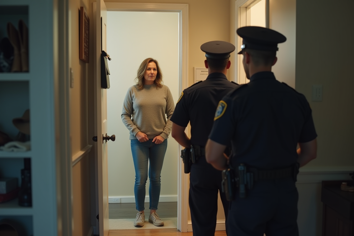 Femme dans son appartement parlant à des policiers