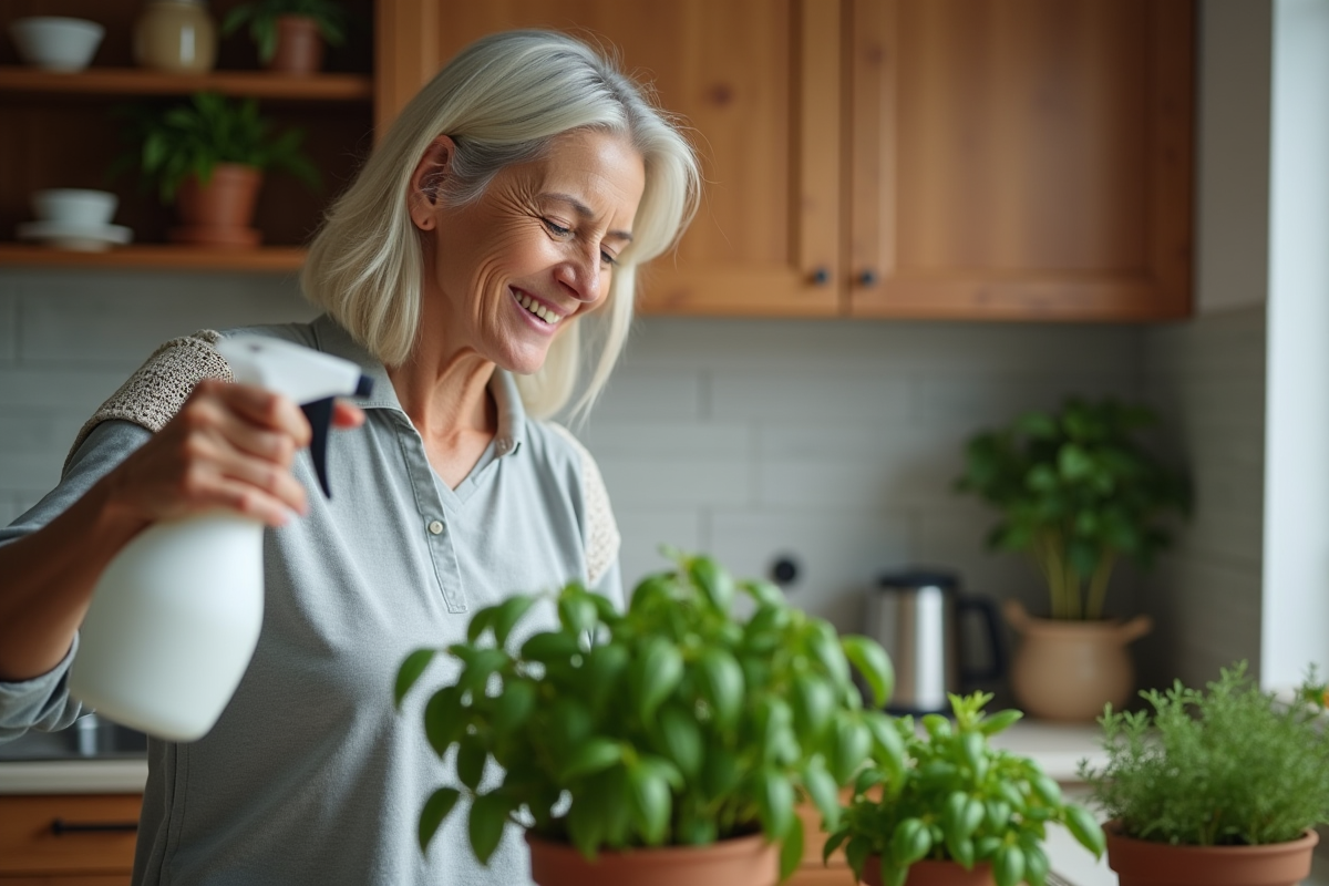 Femme arrosant basilic et thym en cuisine