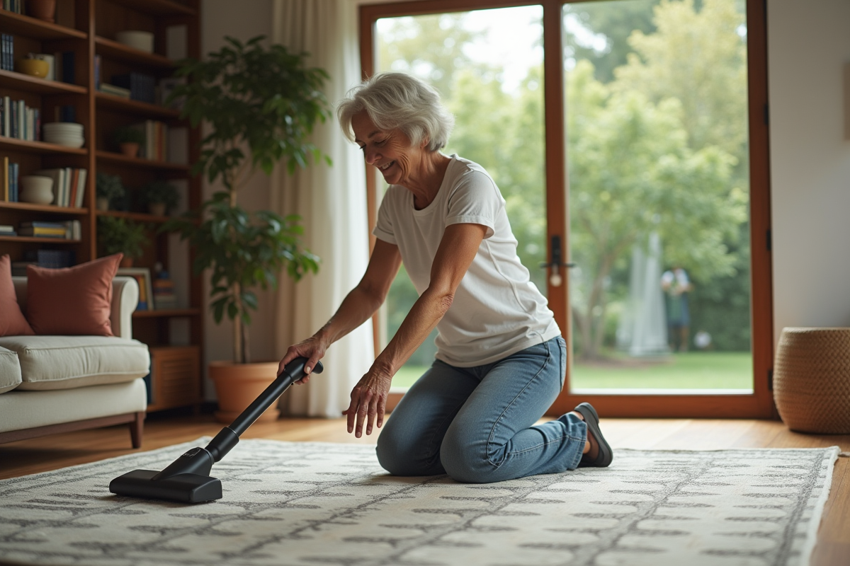 Femme à la maison aspirant un tapis avec un aspirateur à main