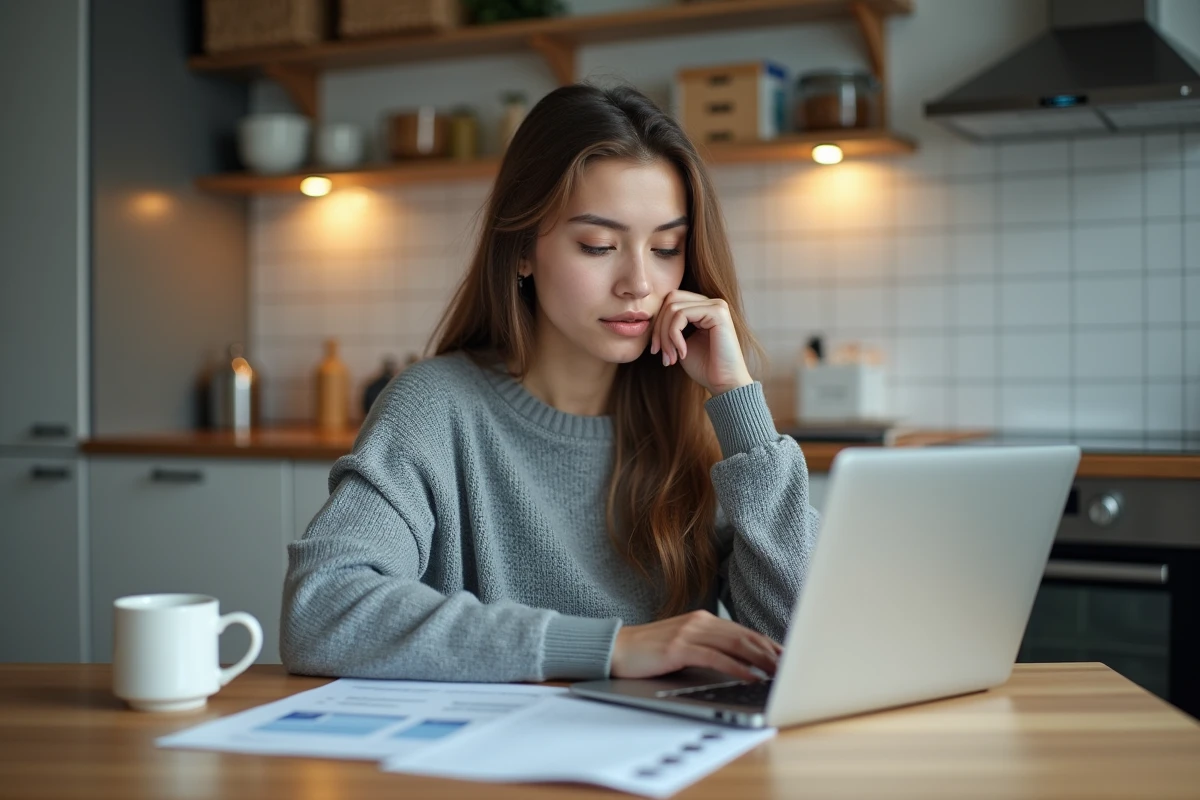 Femme consultant des documents d'assurance pour un box garage en colocation sur ordinateur portable