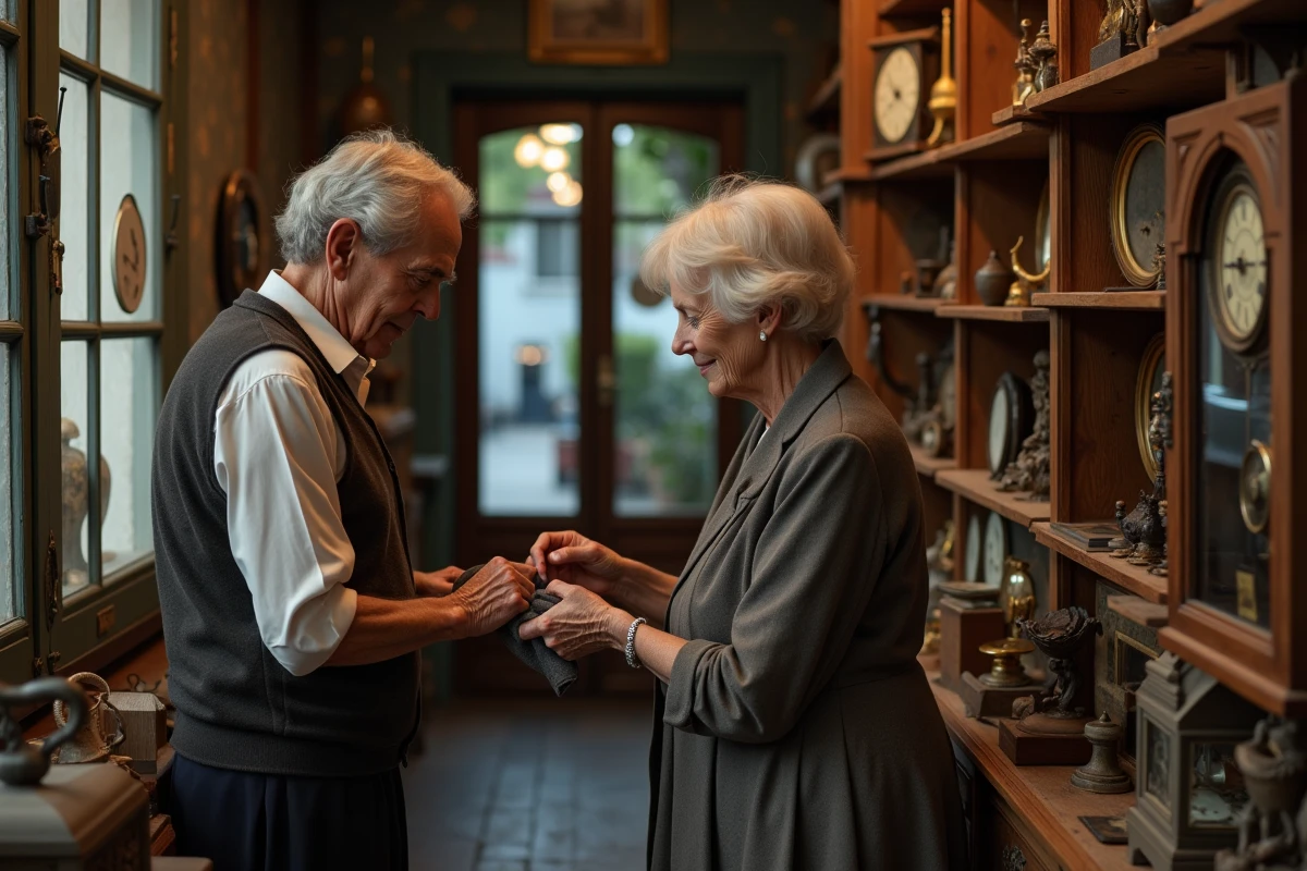 Femme âgée nettoyant une horloge dans une boutique d