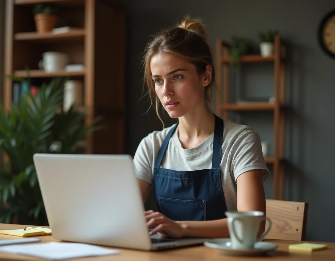 Femme consultant des avis négatifs en ligne sur des outils Erbauer depuis son bureau à domicile