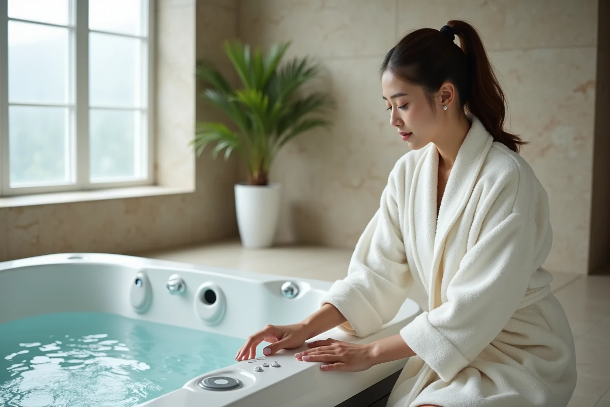 Jeune femme en robe de bain blanche près du spa intérieur