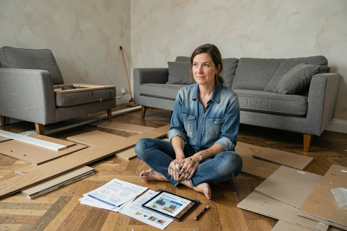 Femme bricolant un meuble en kit chez elle entourée de notices et d'un abonnement numérique bricolage