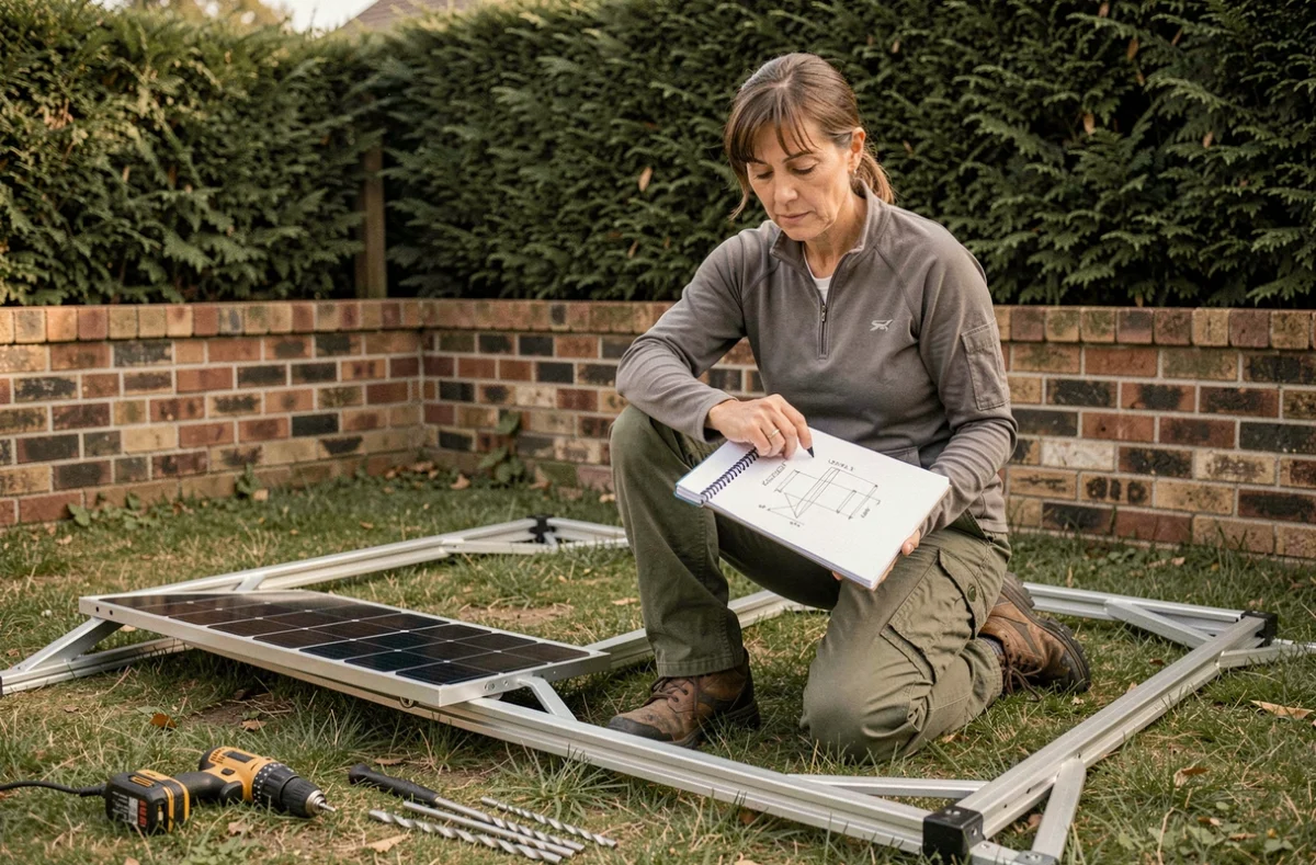Femme bricoleure consultant un plan de construction pour assembler un support de panneau solaire au sol dans son jardin