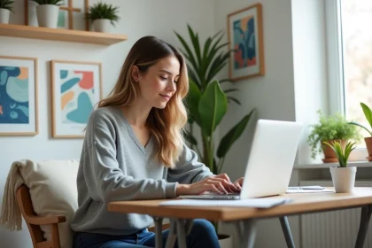 Jeune femme au bureau &agrave; domicile avec ordinateur et d&eacute;coration