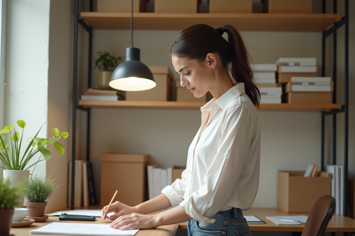 Femme organisée dans un bureau lumineux avec des livres