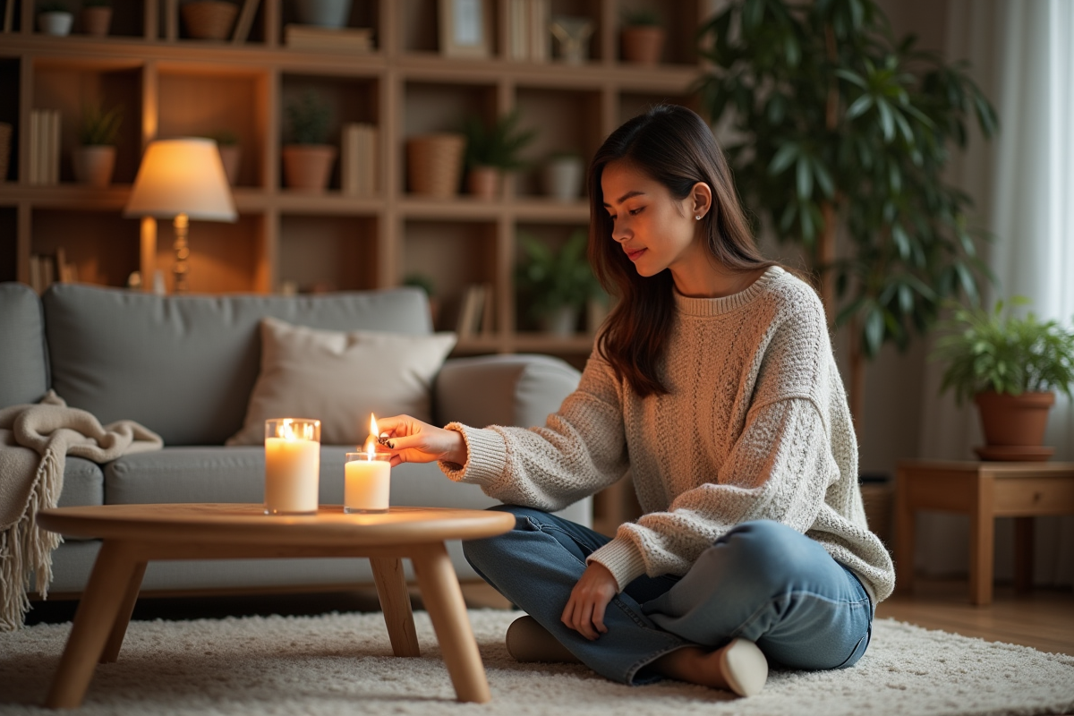 Femme dans un salon chaleureux allumant une bougie