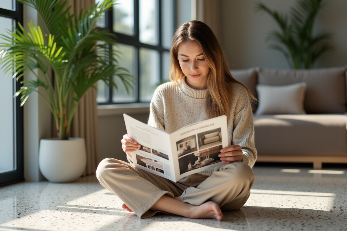 Femme élégante assise sur un sol terrazzo design